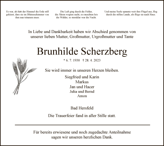 Todesanzeige von Brunhilde Scherzberg von HZ