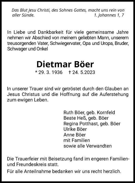 Todesanzeige von Dietmar Böer von HZ