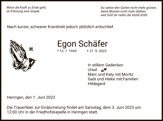Todesanzeige von Egon Schäfer von HZ