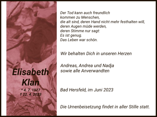 Todesanzeige von Elisabeth Klan von HZ
