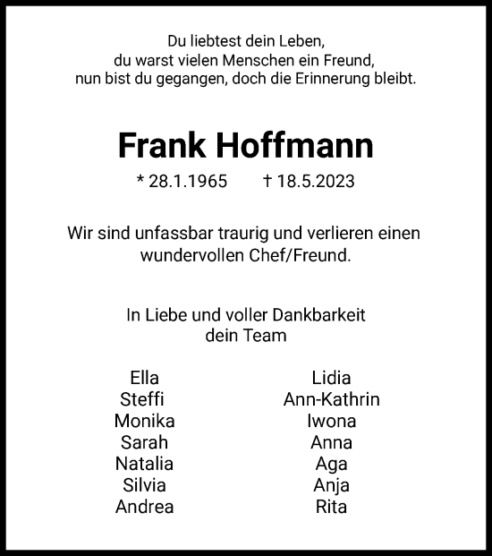 Todesanzeige von Frank Hoffmann von HZ
