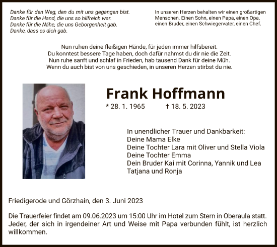 Todesanzeige von Frank Hoffmann von HZ
