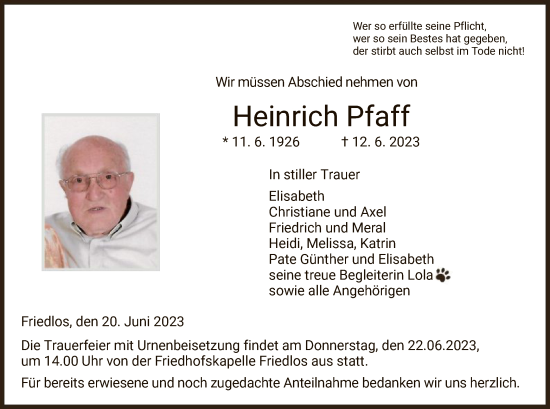 Todesanzeige von Heinrich Pfaff von HZ