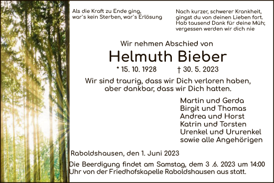 Todesanzeige von Helmuth Bieber von HZ