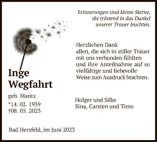 Todesanzeige von Inge Wegfahrt von HZ