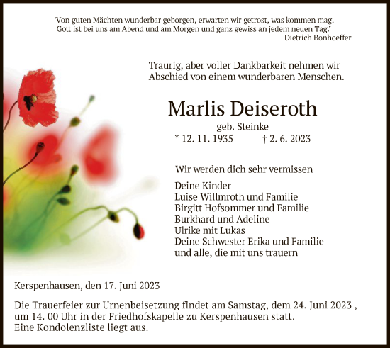 Todesanzeige von Marlis Deiseroth von HZ