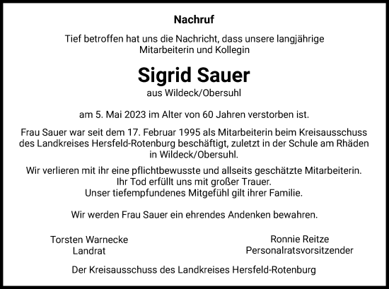 Todesanzeige von Sigrid Sauer von HZ