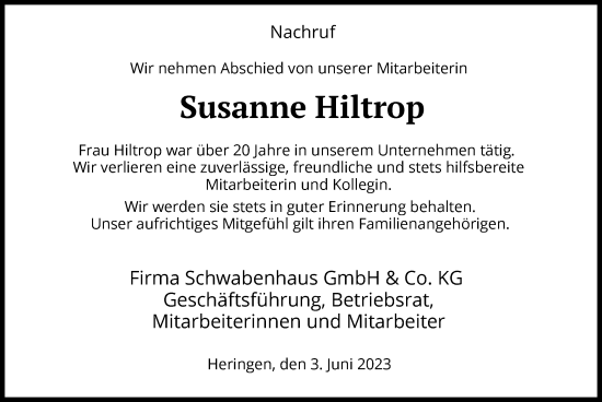 Todesanzeige von Susanne Hiltrop von HZ
