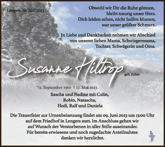 Todesanzeige von Susanne Hiltrop von HZ