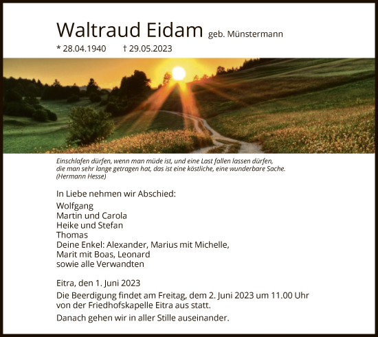 Todesanzeige von Waltraud Eidam von HZ