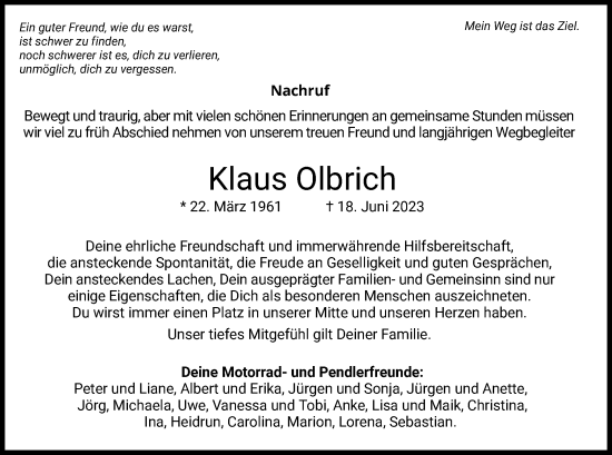 Todesanzeige von Klaus Olbrich von HZ