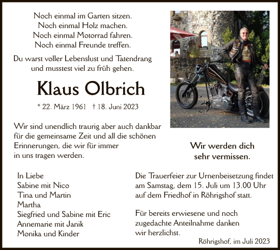 Todesanzeige von Klaus Olbrich von HZ