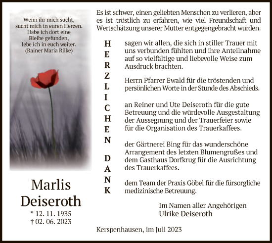 Todesanzeige von Marlis Deiseroth von HZ