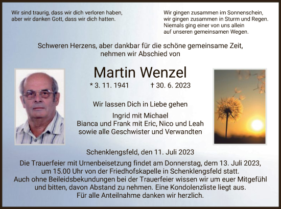 Todesanzeige von Martin Wenzel von HZ