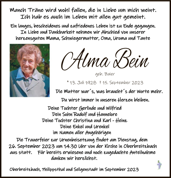 Todesanzeige von Alma Bein von HZHNA