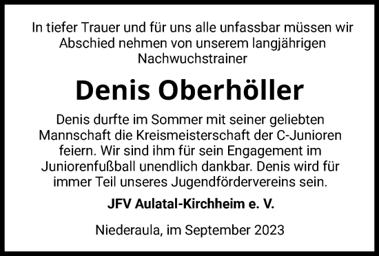 Todesanzeige von Denis Oberhöller von HZ