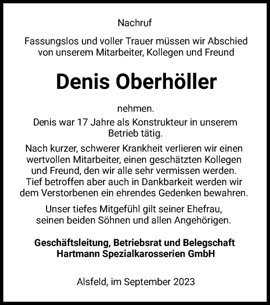 Todesanzeige von Denis Oberhöller von HZ