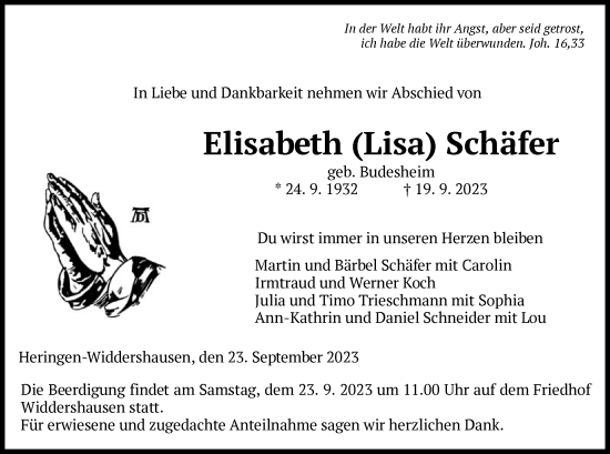 Todesanzeige von Elisabeth Schäfer von HZ