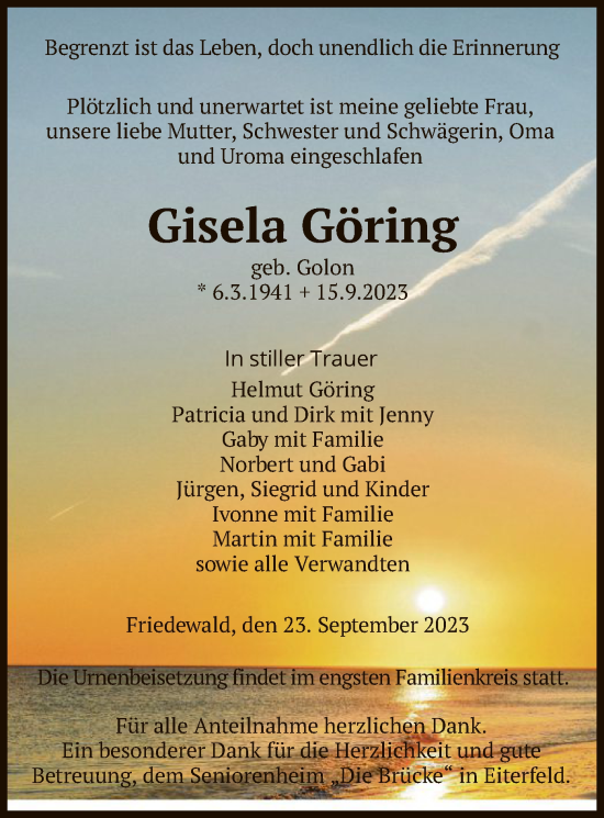 Todesanzeige von Gisela Göring von HZ