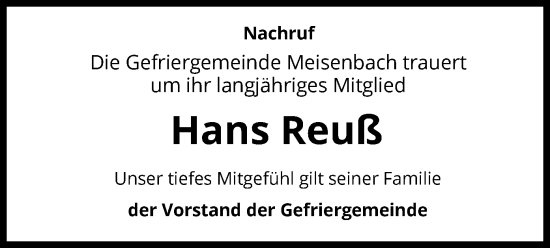 Todesanzeige von Hans Reuß von HZ