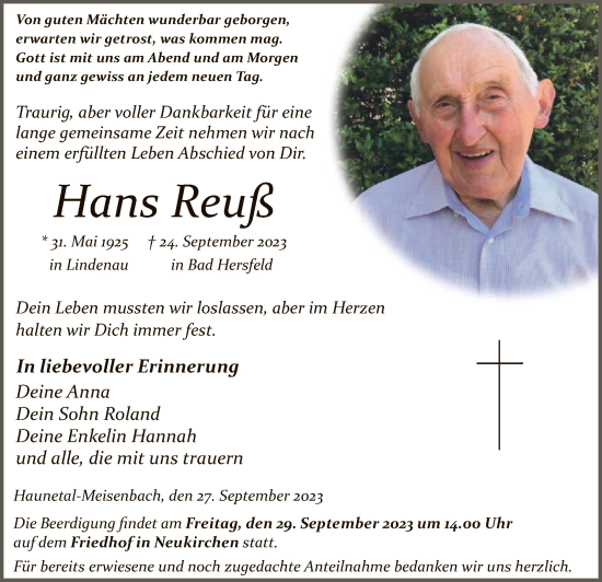 Todesanzeige von Hans Reuß von HZ