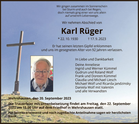 Todesanzeige von Karl Rüger von HZ