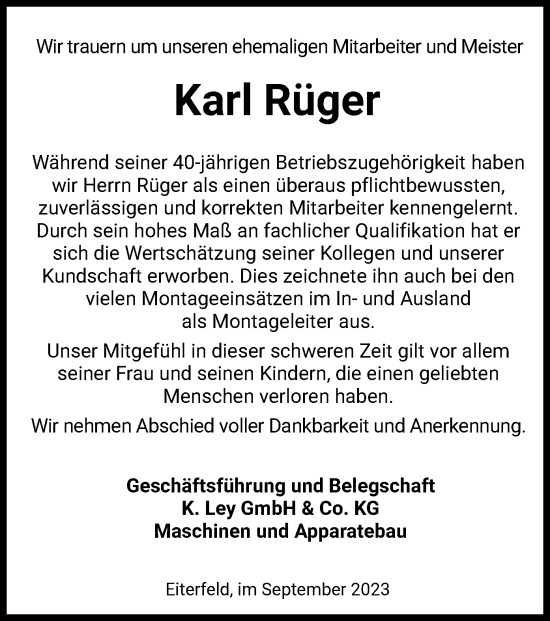 Todesanzeige von Karl Rüger von HZ