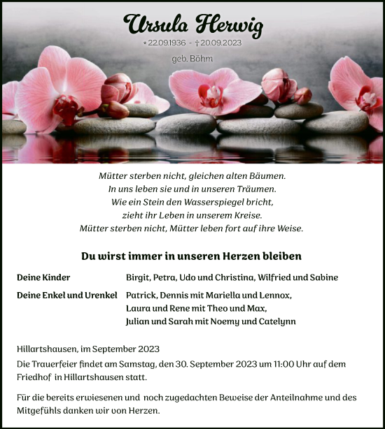 Todesanzeige von Ursula Herwig von HZ