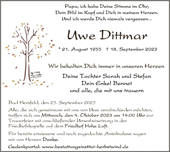 Todesanzeige von Uwe Dittmar von HZ