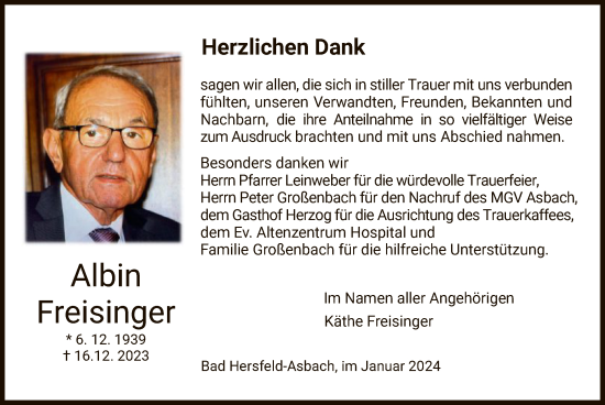 Todesanzeige von Albin Freisinger von HZ