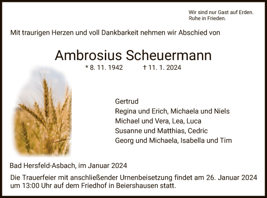 Todesanzeige von Ambrosius Scheuermann von HZ