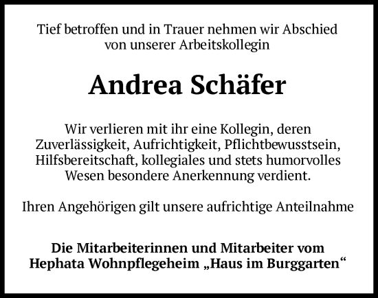 Todesanzeige von Andrea Schäfer von HZ