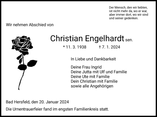 Todesanzeige von Christian Engelhardt von HZ