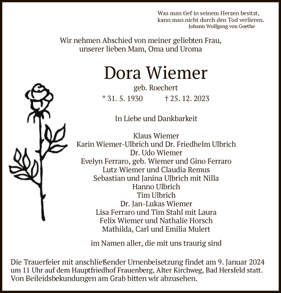 Todesanzeige von Dora Wiemer von HZ