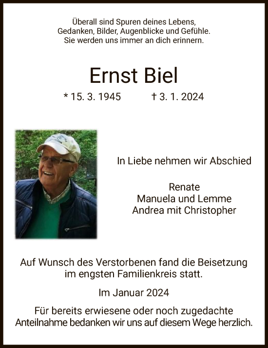 Todesanzeige von Ernst Biel von HZ