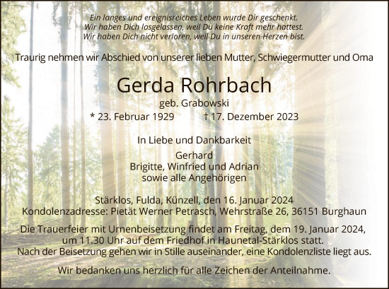 Todesanzeige von Gerda Rohrbach von HZ