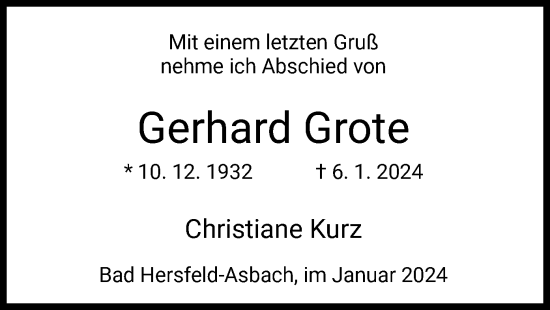 Todesanzeige von Gerhard Grote von HZ