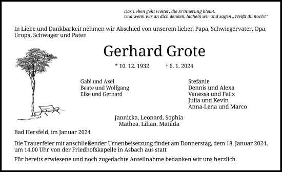 Todesanzeige von Gerhard Grote von HZ