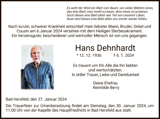 Todesanzeige von Hans Dehnhardt von HZ