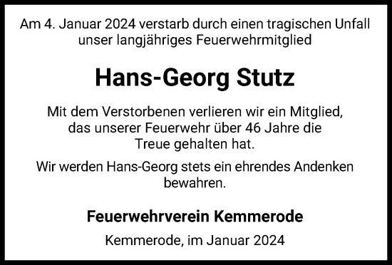 Todesanzeige von Hans-Georg Stutz von HZ