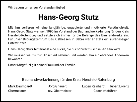 Todesanzeige von Hans-Georg Stutz von HZ