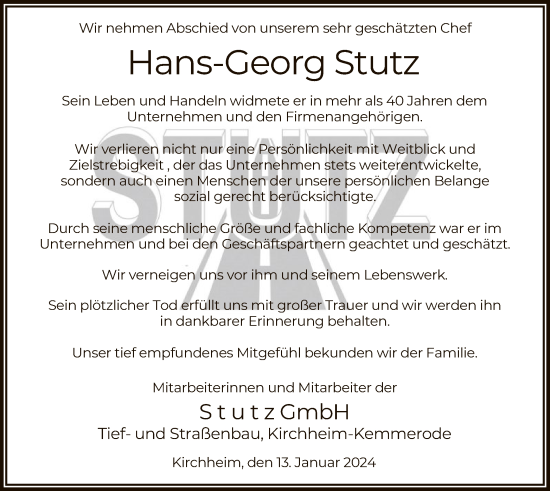 Todesanzeige von Hans-Georg Stutz von HZ