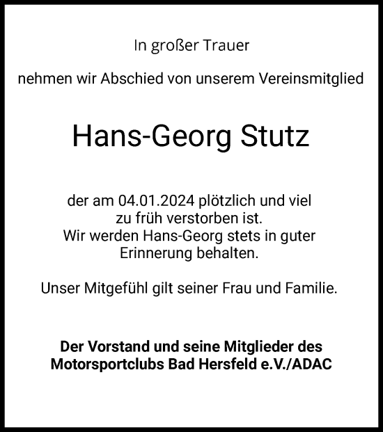 Todesanzeige von Hans-Georg Stutz von HZ