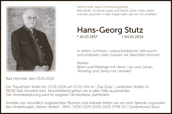 Todesanzeige von Hans-Georg Stutz von HZ