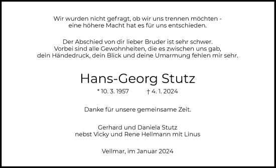 Todesanzeige von Hans-Georg Stutz von HZ