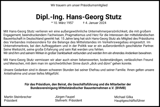 Todesanzeige von Hans-Georg Stutz von HZ