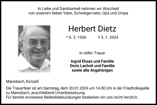 Todesanzeige von Herbert Dietz von HZ