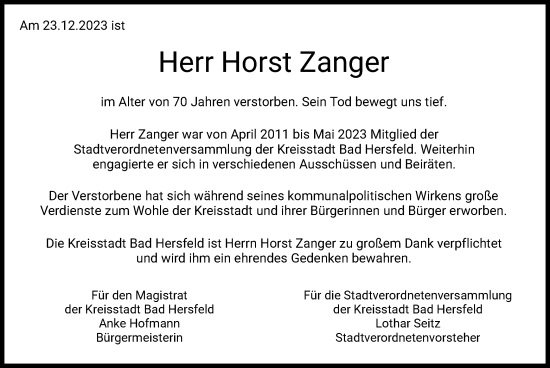 Todesanzeige von Horst Zanger von HZ
