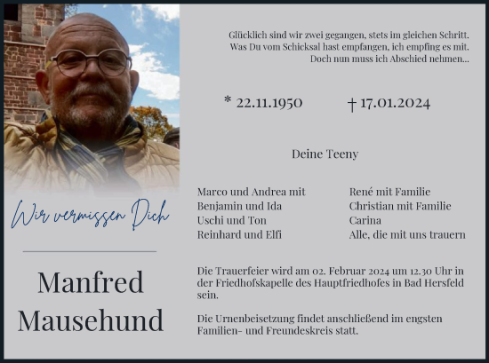 Todesanzeige von Manfred Mausehund von HZ