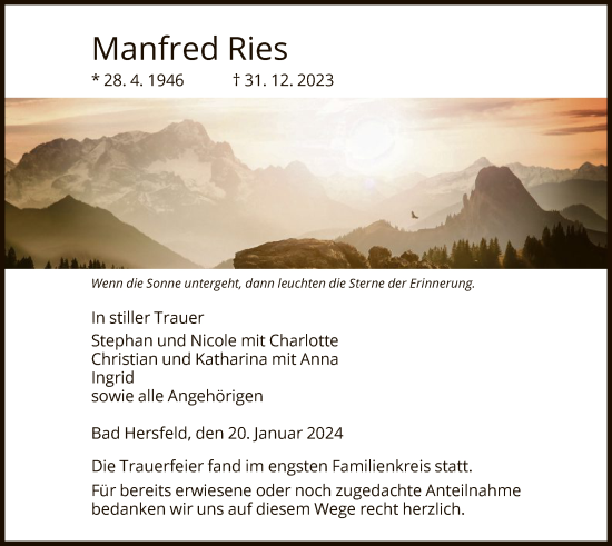 Todesanzeige von Manfred Ries von HZ
